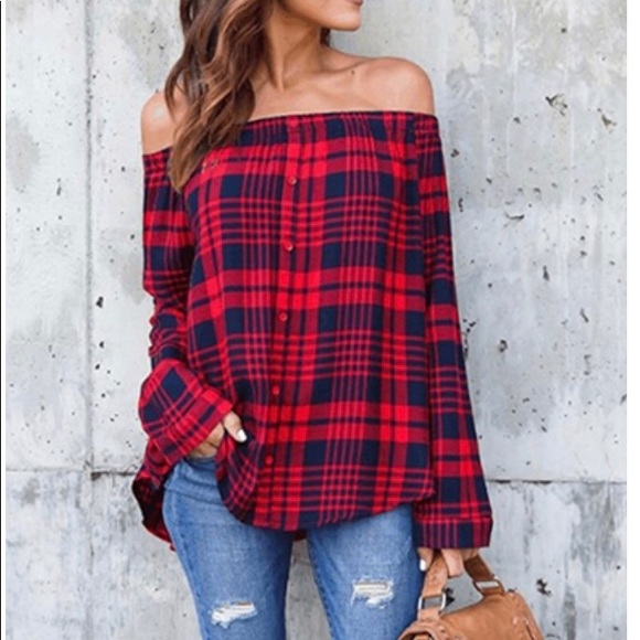 🎉Off The Shoulder Plaid Top🎉 - Picture 1 of 4